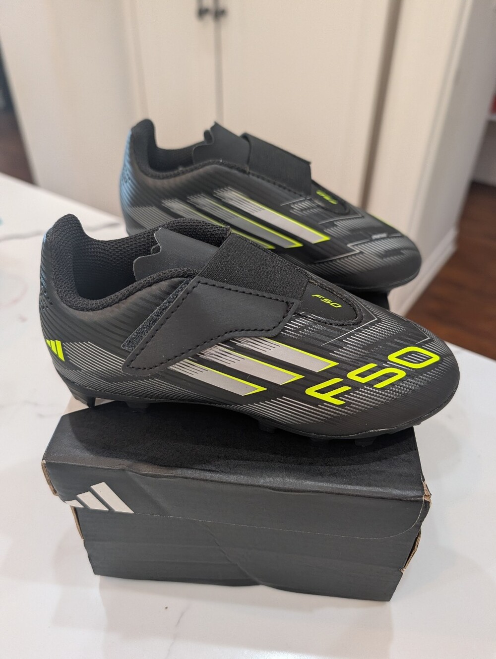 NBW Adidas Kids Black and Neon Yellow F50 Soccer Cleats (size 11 11/2)